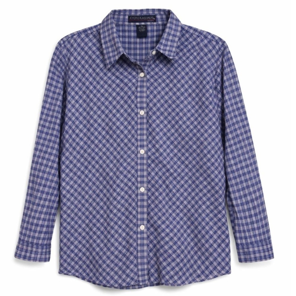 Kyoto Kasuals Blue Plaid Button‎ Up Shirt XL Cotton Preppy Cottagecore Top 3/4
